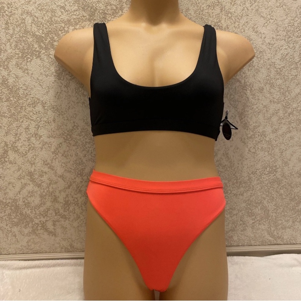 Black and Bright Coral Orange Bikini Set
